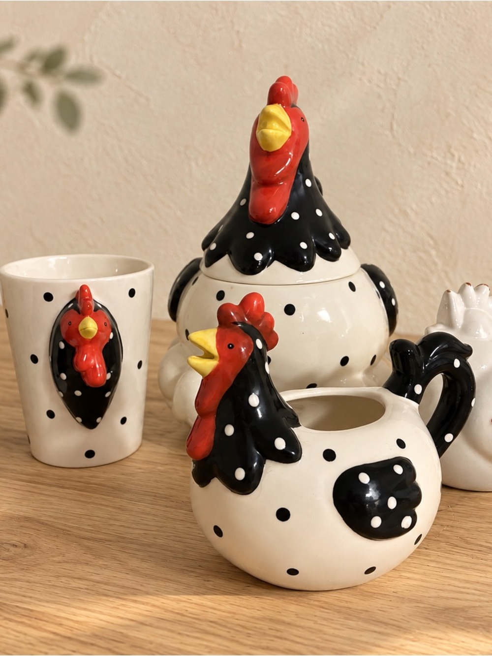 Polka Dot Ceramic Rooster Creamer & Canister Set - Black, Red & Yellow